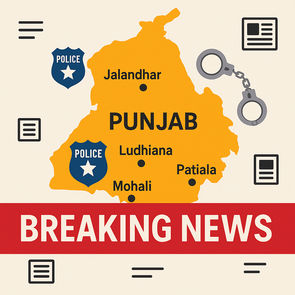 Punjab Police vehicles and crime news headlines depicting ongoing arrests and FIR updates