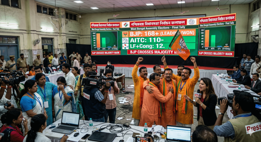 BJP supporters celebrate Bengal Election Results 2026 victory in West Bengal
