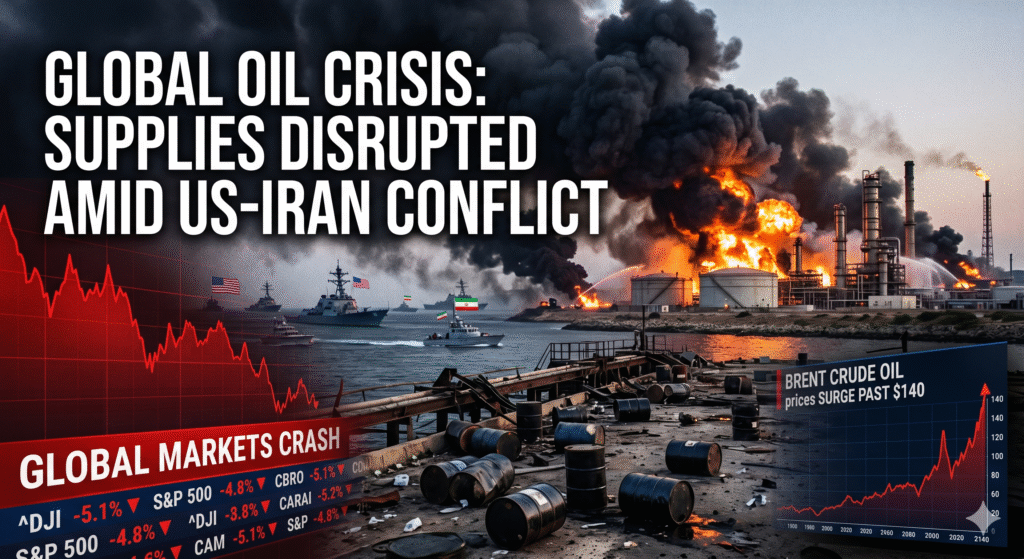 Global oil crisis caused by Iran USA war showing burning refinery, oil barrels and stock market decline visuals
