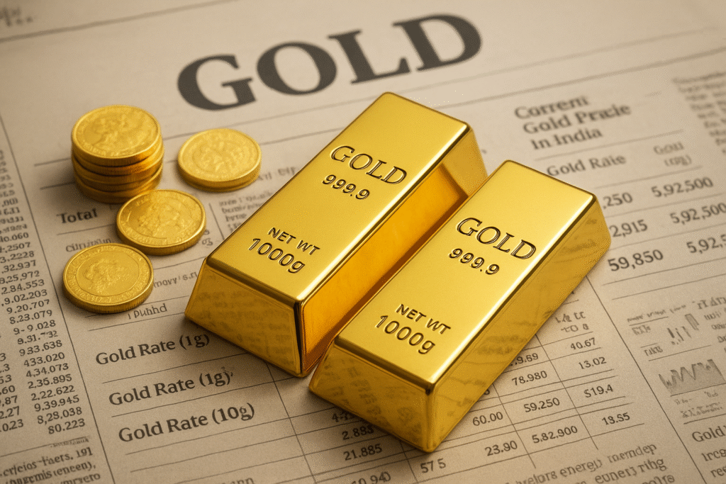 Gold price - Gold bars and coins displayed on financial newspaper showing current gold price rates in India — Ziviakaa 24/7 Business News”