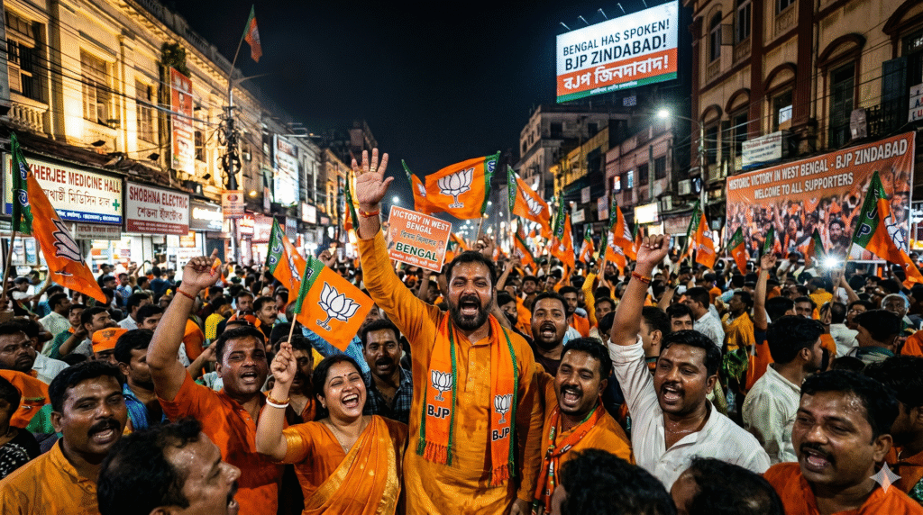 BJP supporters celebrate Bengal Election Results 2026 victory in West Bengal