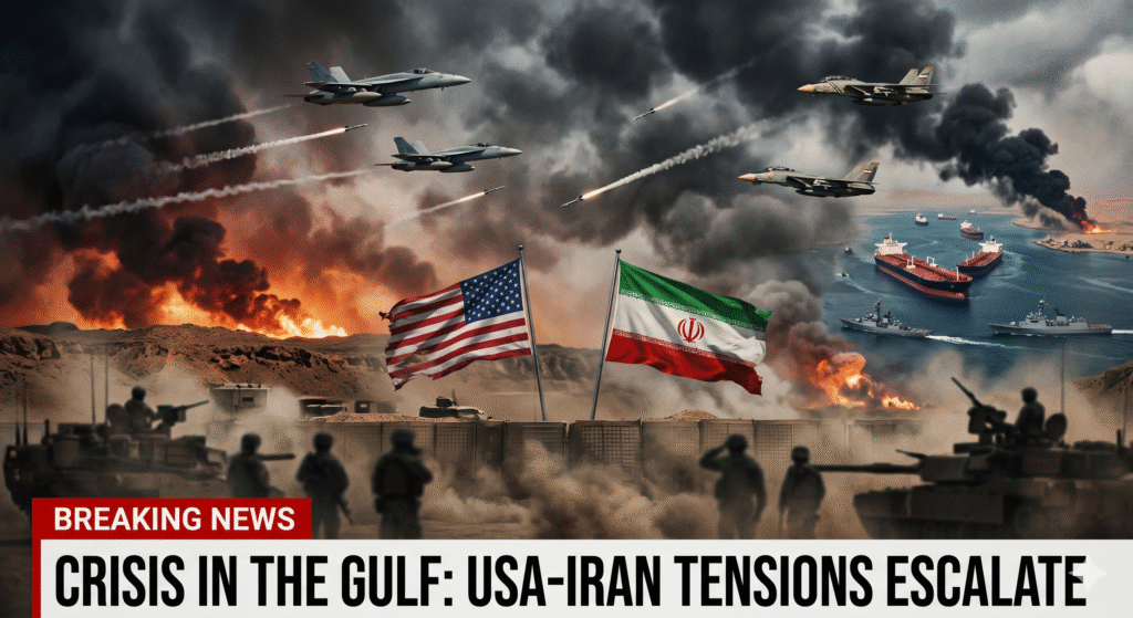 Iran USA War 2026 showing military tension between America and Iran with fighter jets, missiles, oil tankers and Middle East conflict scene