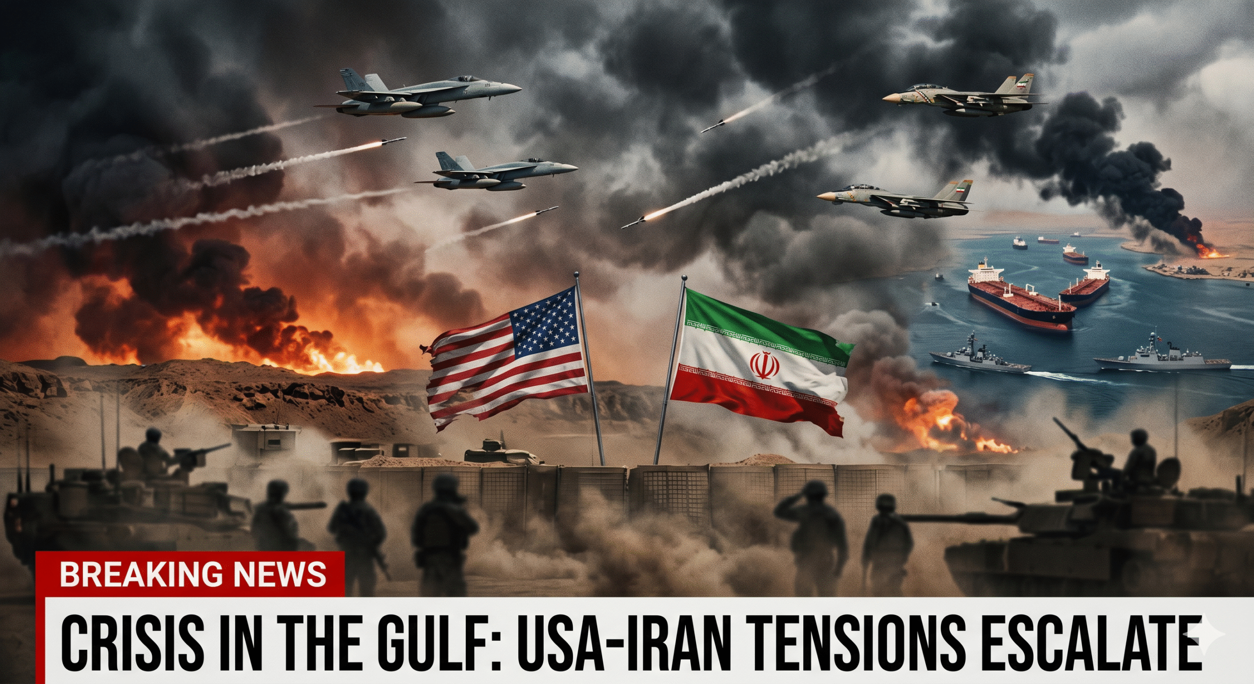 Iran USA War 2026 showing military tension between America and Iran with fighter jets, missiles, oil tankers and Middle East conflict scene